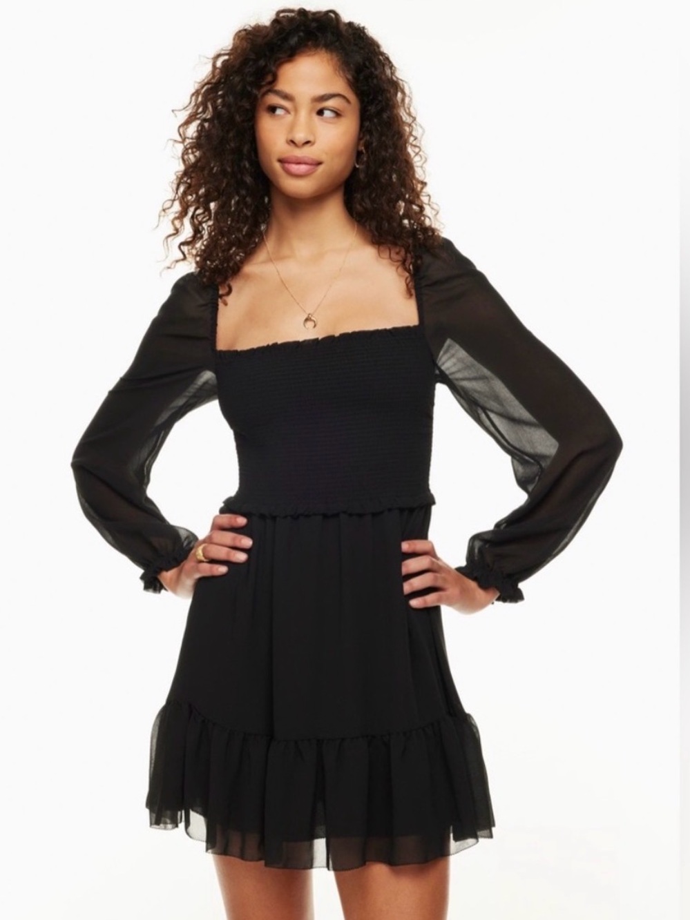 Aritzia Black Smocked Square-Neck Long-Sleeve Mini Dress